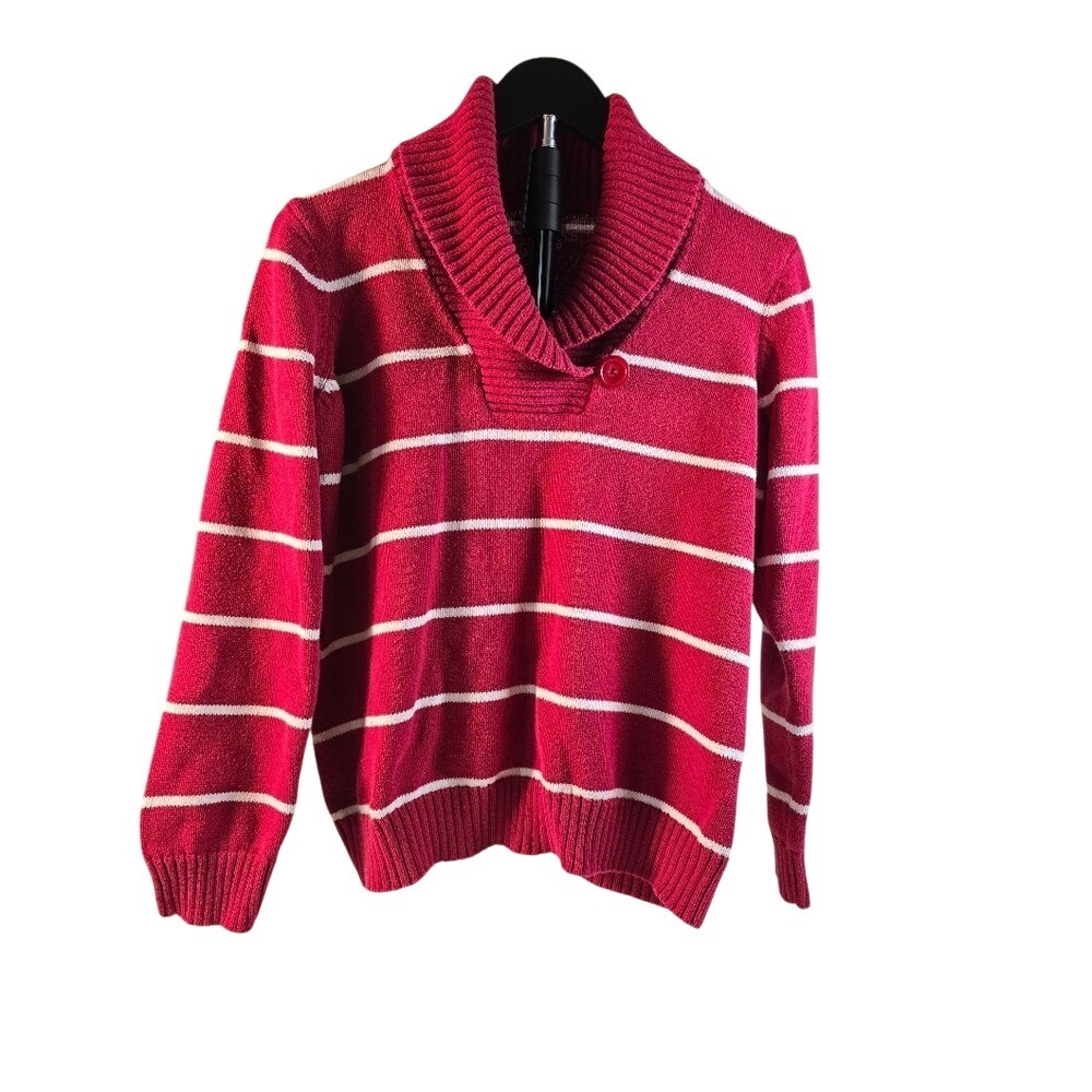 Croft & Barrow Red White Striped Shawl Collar Button Cuff Knit Sweater Womens‎ L